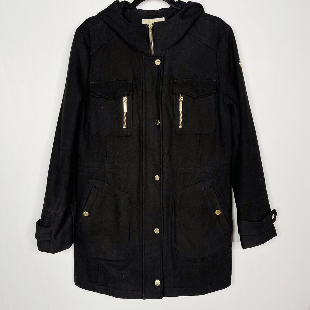 Michael Michael Kors Womens 14 Black Wool Blend Hooded Peacoat Jacket Gold